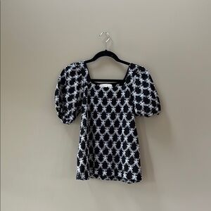 LOFT Black and White Puff Sleeve Ruffled Blouse